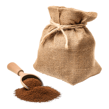 Brown Bag of Ground Coffee and Scoop png