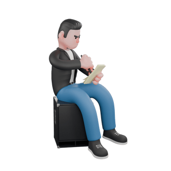 Animated Music Character in 3D. A male musician is sitting on a loudspeaker facing left while writing something on a paper. Singing Talent png