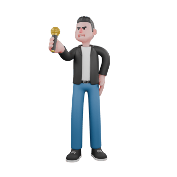 Musician Character in 3D Style. a male musician is standing while his right hand is lifting a microphone and his left is on his waist. Cartoon Performer png