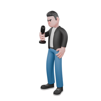 Cartoon Music Performer Model. a male musician is standing facing right while his right hand is holding a microphone and his left hand is on his waist. Animated Style png