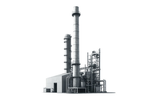 Industrial plant with large smokestack and machinery, isolated on transparent background. representing manufacturing and engineering. png