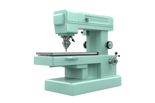 Vintage industrial milling machine with retro design. Mint green color and metal components. Isolated on transparent background. png