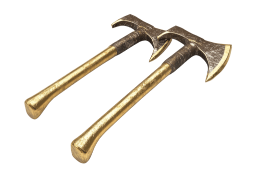 Pair of vintage double-headed axes with golden handles, isolated on transparent background. Antique weapon ideal for historical or fantasy themes. png