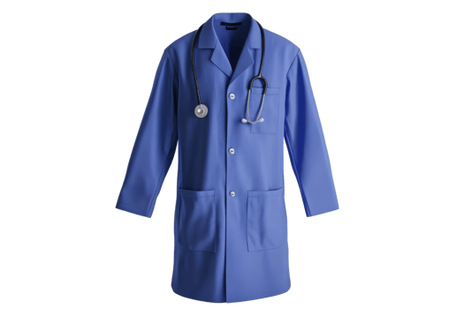 Blue medical coat with stethoscope, representing healthcare professional attire, isolated on transparent background. png