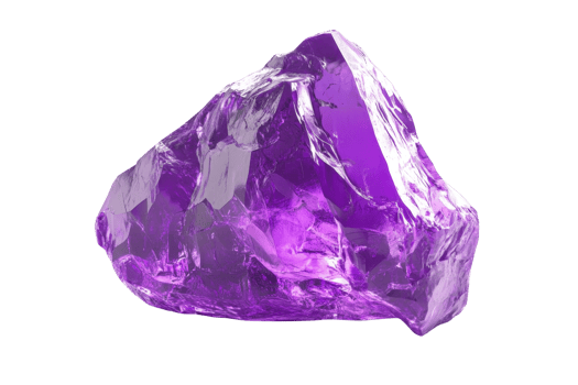 Close-up of a vibrant purple crystal with sharp edges and a translucent texture, showcasing its natural beauty against a transparent background. png