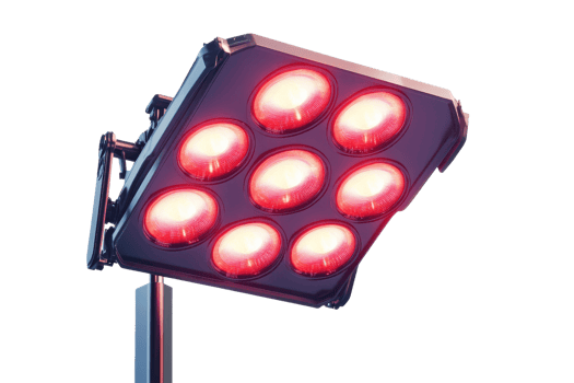 Close-up of a modern LED floodlight with multiple red lights glowing, isolated on a transparent background. Ideal for industrial and architectural use. png
