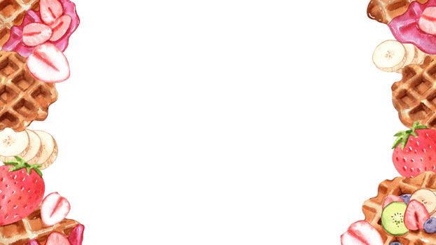 Horizontal frame of banana and strawberry-topped waffles, hand-drawn watercolor illustration. png