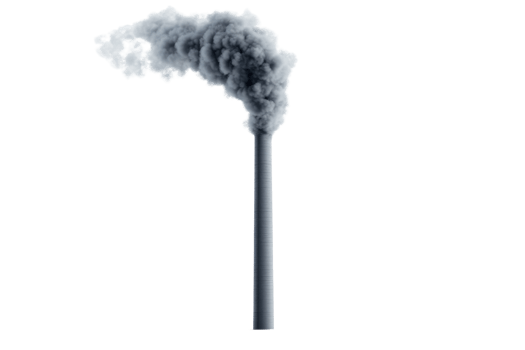 Tall industrial smokestack emitting thick plume of dark smoke against clear background, indicative of pollution and industrial activity. png