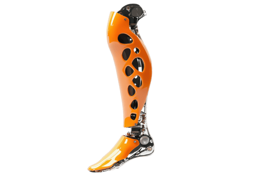 Modern orange prosthetic leg with sleek design and mechanical components, representing advanced technology in artificial limbs. png