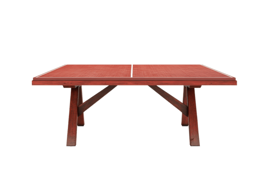Red wooden table with a sturdy design, perfect for dining or outdoor spaces. Classic, wide surface suitable for various uses. png