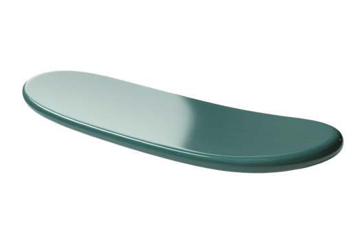 Smooth, green metallic skateboard deck without wheels. Ready for customizing with grip tape. Perfect for DIY skateboarding projects. png