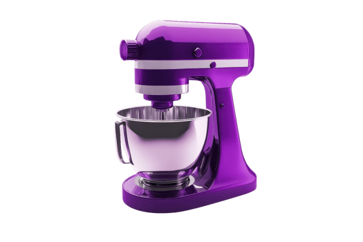 Purple stand mixer with shiny metal bowl, ideal for baking and cooking enthusiasts, offering efficiency and style in the kitchen. png