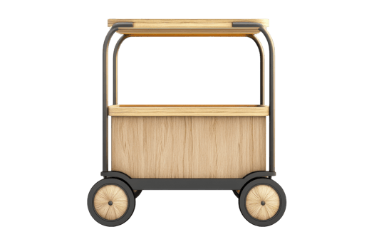 Modern wooden cart with wheels and minimalistic design, ideal for indoor use, storage, and transportation purposes. png