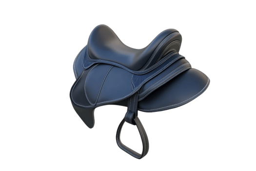 High-quality equestrian saddle in black leather, perfect for horse riding enthusiasts and professionals. Ideal for stock photo use. png