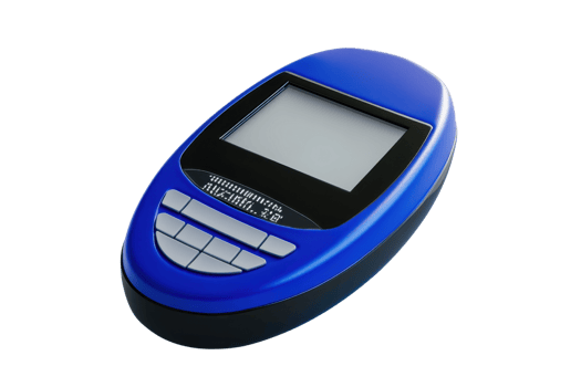 Isolated image of a blue electronic gadget resembling a portable terminal or payment device, with a colored screen and buttons. png