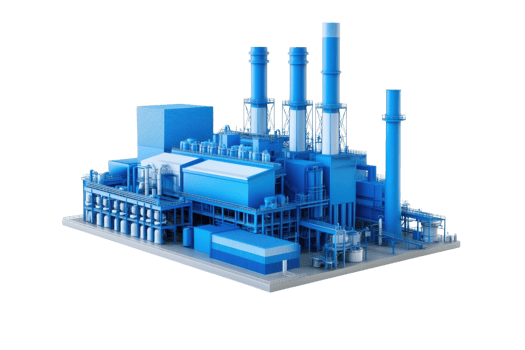 3D rendering of an industrial factory in blue tones, showcasing a modern manufacturing plant with multiple chimneys and a detailed structure. png