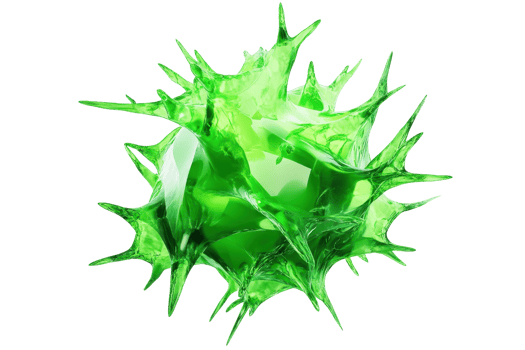 3D rendering of a green viral particle, sharp spikes, representing illness or infection. Vivid, detailed, and fluorescent appearance. png