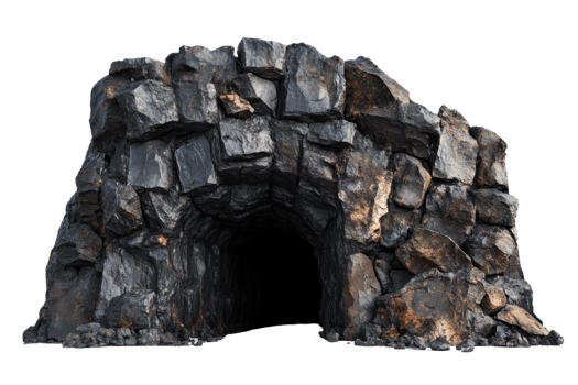 A rugged, dark cave entrance made of rough, textured rocks, highlighting the natural beauty and mystery of the subterranean landscape. png