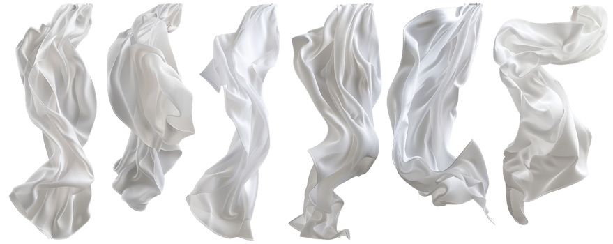 Set of white silk fabric flowing in air, isolated on transparent background. High resolution drapery textures for creative design projects. png