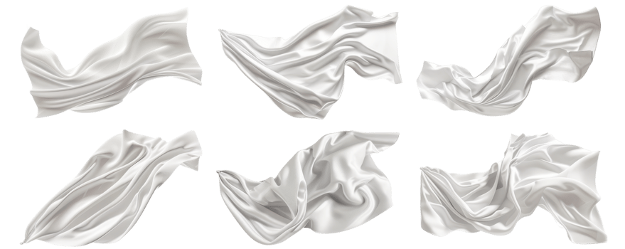 Collection of six isolated white fabric pieces in various floating and flowing positions, perfect for design and artistic projects. png