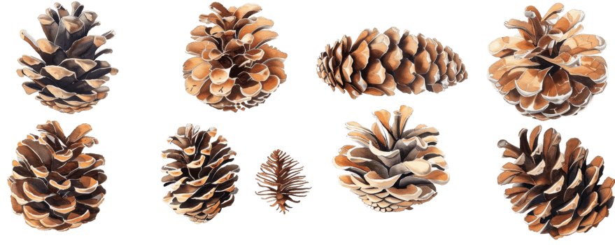 Collection of eight natural pine cones isolated on transparent background. close-up view, perfect for seasonal decoration and nature-themed designs. png