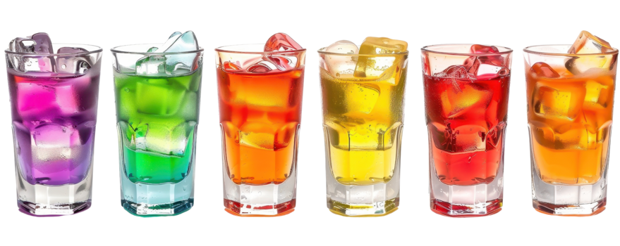 Colorful assortment of various fruity drinks in clear glasses with ice cubes, perfect for summertime refreshment and parties. png