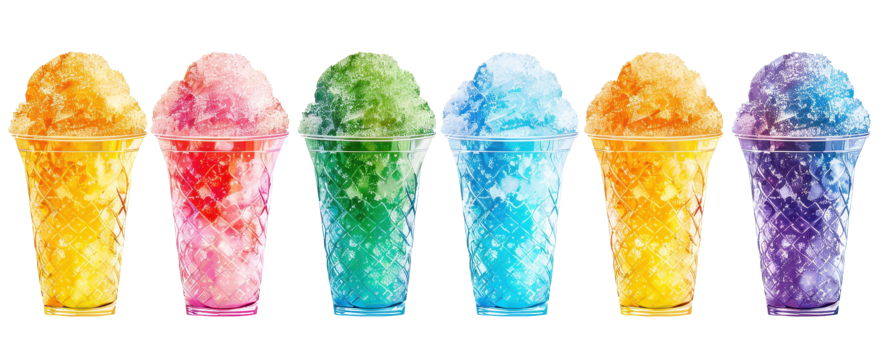 Colorful assorted flavored snow cones in cups arranged in a row. Perfect summer treat. Bright and refreshing frozen desserts. png