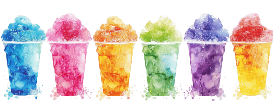 Colorful row of six slushy drinks in vivid rainbow colors isolated on transparent background. perfect for refreshing summer beverages concept. png