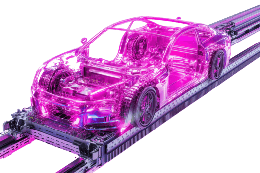 Futuristic transparent electric car glowing in pink on assembly line, showcasing intricate internal components and advanced technology. png