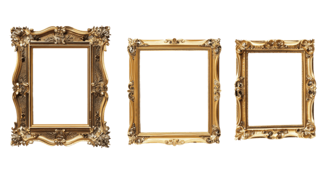 Set of three ornate golden frames in different designs and sizes, perfect for art and photography display. Isolated on a transparent background. png