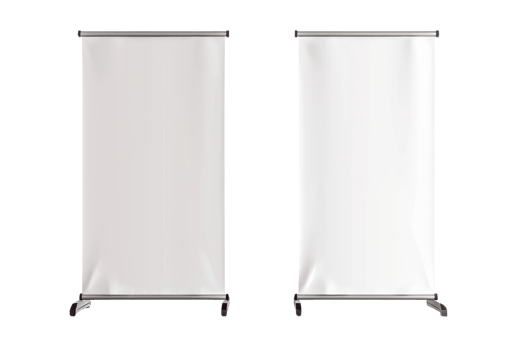 Two blank roll-up banners or pull-up displays with transparent background. ideal for advertising, promotions, and presentations. png