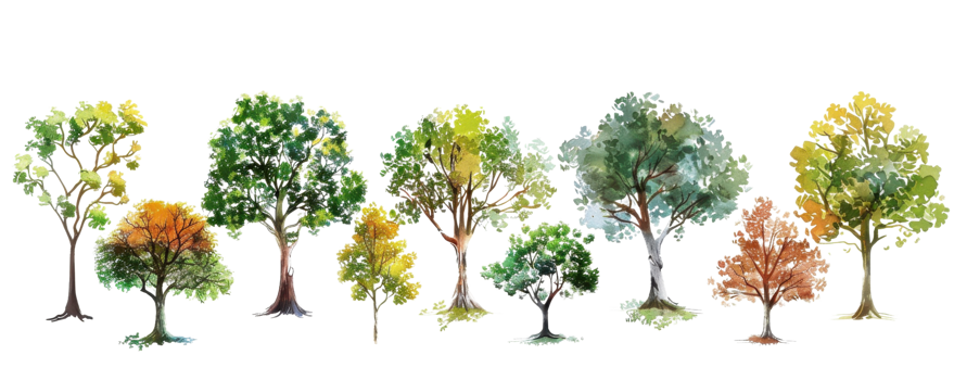 Watercolor illustrations of diverse trees in various seasons, showcasing vibrant foliage and detailed textures. png