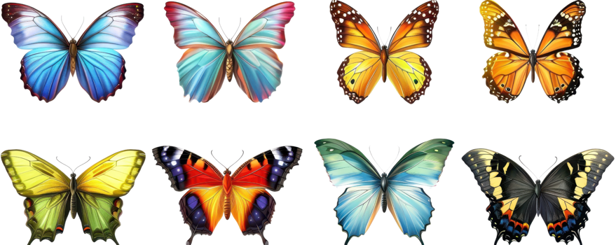 A vibrant collection of eight different colorful butterfly illustrations, showcasing various patterns and shades. png