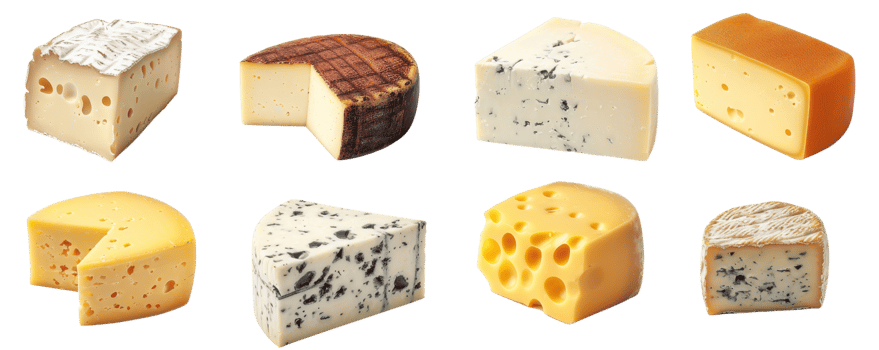 A variety of different cheese types on a transparent background. showcasing various textures and colors, ideal for culinary and food-related projects. png