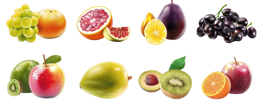 A vibrant assortment of fresh and juicy fruits including grapes, oranges, kiwi, apple, and more, perfect for healthy eating and organic food themes. png