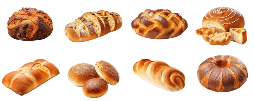 An assortment of freshly baked bread including rolls, loaves, and pastries, perfect for culinary projects or bakery-themed designs. png