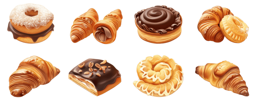 Assorted pastries and baked goods including donuts, croissants, and pastries with chocolate and nuts. png