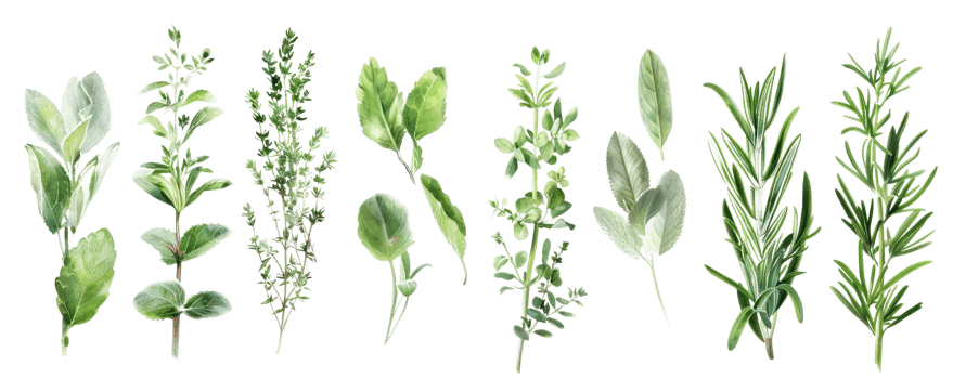 Collection of various fresh herbs including rosemary, thyme, sage, and oregano arranged in a row against a transparent background. png