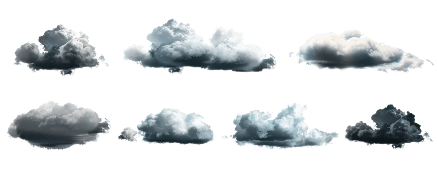 Collection of seven realistic digital cloud illustrations showcasing various shapes and lighting effects for weather or background designs. png