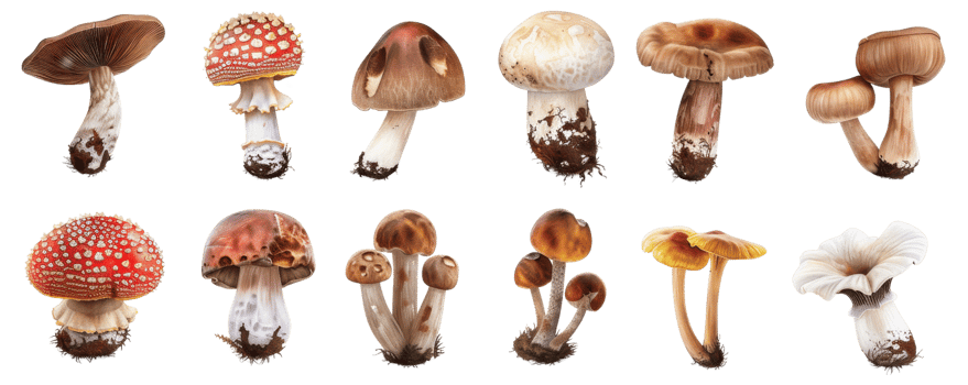 Collection of various mushrooms isolated on transparent background. Different shapes, colors, and types showcased in this stock photo image. png