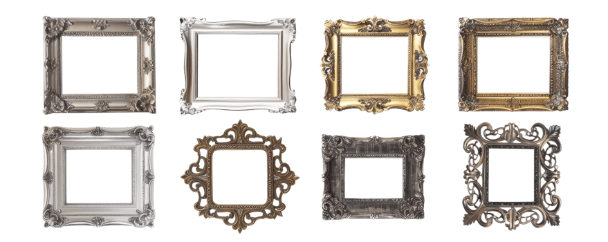 Collection of ornate vintage picture frames in various shapes and sizes, ideal for art and decoration projects. Isolated on transparent background. png