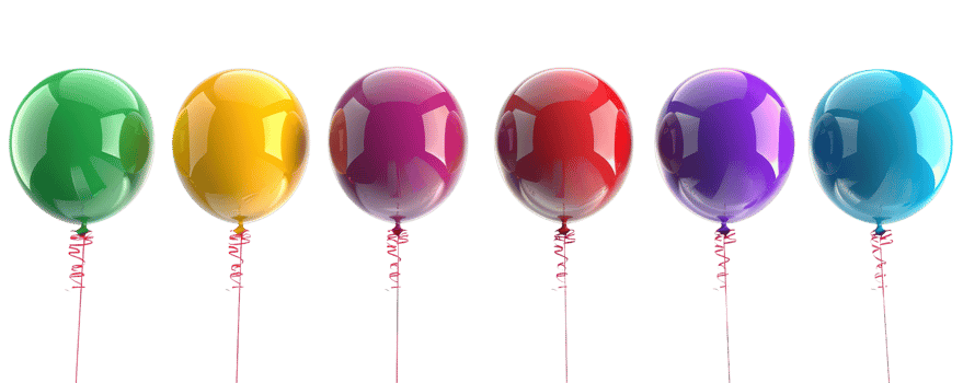 Colorful set of six floating balloons in a row with reflections on a transparent background. Perfect for celebrations and events. png