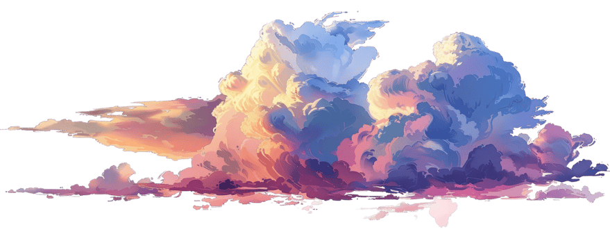 Digital illustration of a vibrant cloudscape with colorful clouds during sunset, depicting a tranquil and serene sky. png