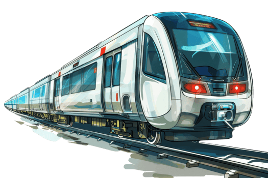 Modern high-speed train on tracks captured in a dynamic perspective, showing sleek design and advanced features for travel and transportation. png