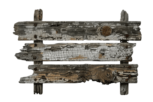 Old rustic wooden sign with weathered planks, cracks, and peeling paint, perfect for vintage and countryside-themed projects. png
