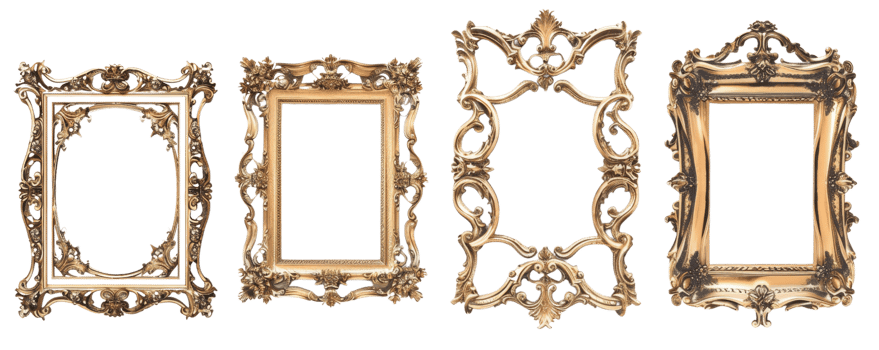 Set of four vintage ornate gold picture frames with intricate designs, isolated on transparent background. Perfect for elegant art display projects. png