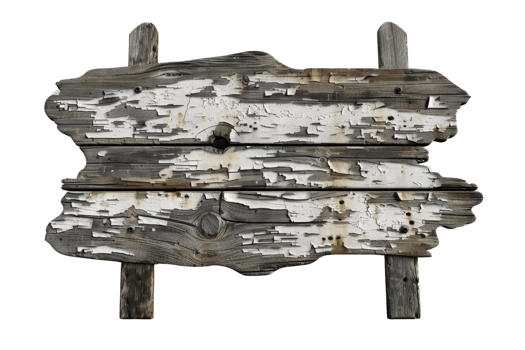 Rustic weathered wooden sign with chipped paint texture, perfect for vintage or rural themes in design projects or photo backgrounds. png