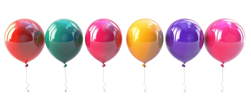 Vibrant collection of colorful balloons in various shades lined up in a row, perfect for party and celebration themes. png