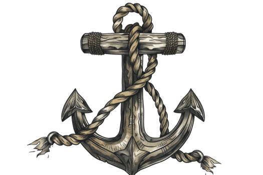 Vintage anchor with detailed rope, gray tones, symbolizing marine life, navigation, and stability. Perfect for nautical-themed designs. png