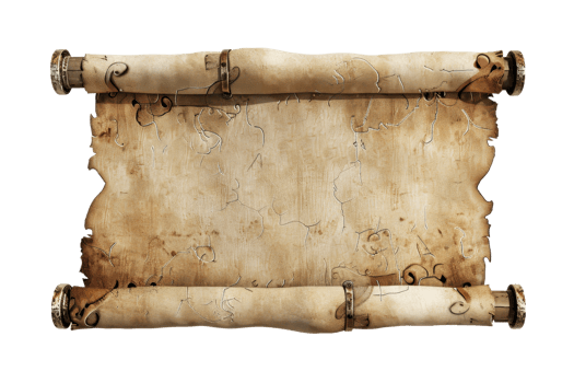 Vintage blank parchment scroll with ornamental edges, perfect for historical or fantasy designs and calligraphy art projects. png